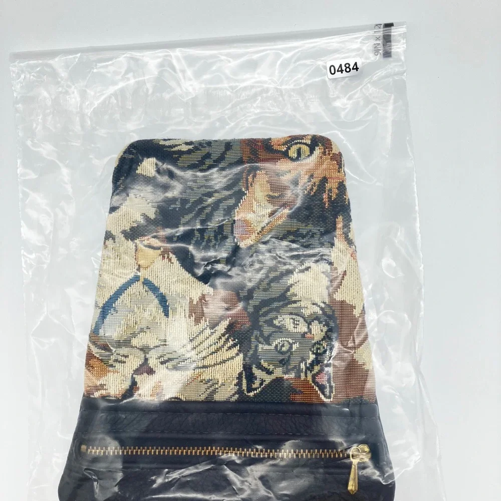 Vintage Crossbody Bag Small Black Leather Cat Tapestry Pouch Kitten Cottagecore